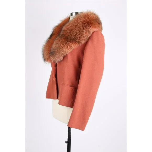 $4,900 Agnona Wool Jacket w/ Exploding Fur Collar SZ 46 Orange